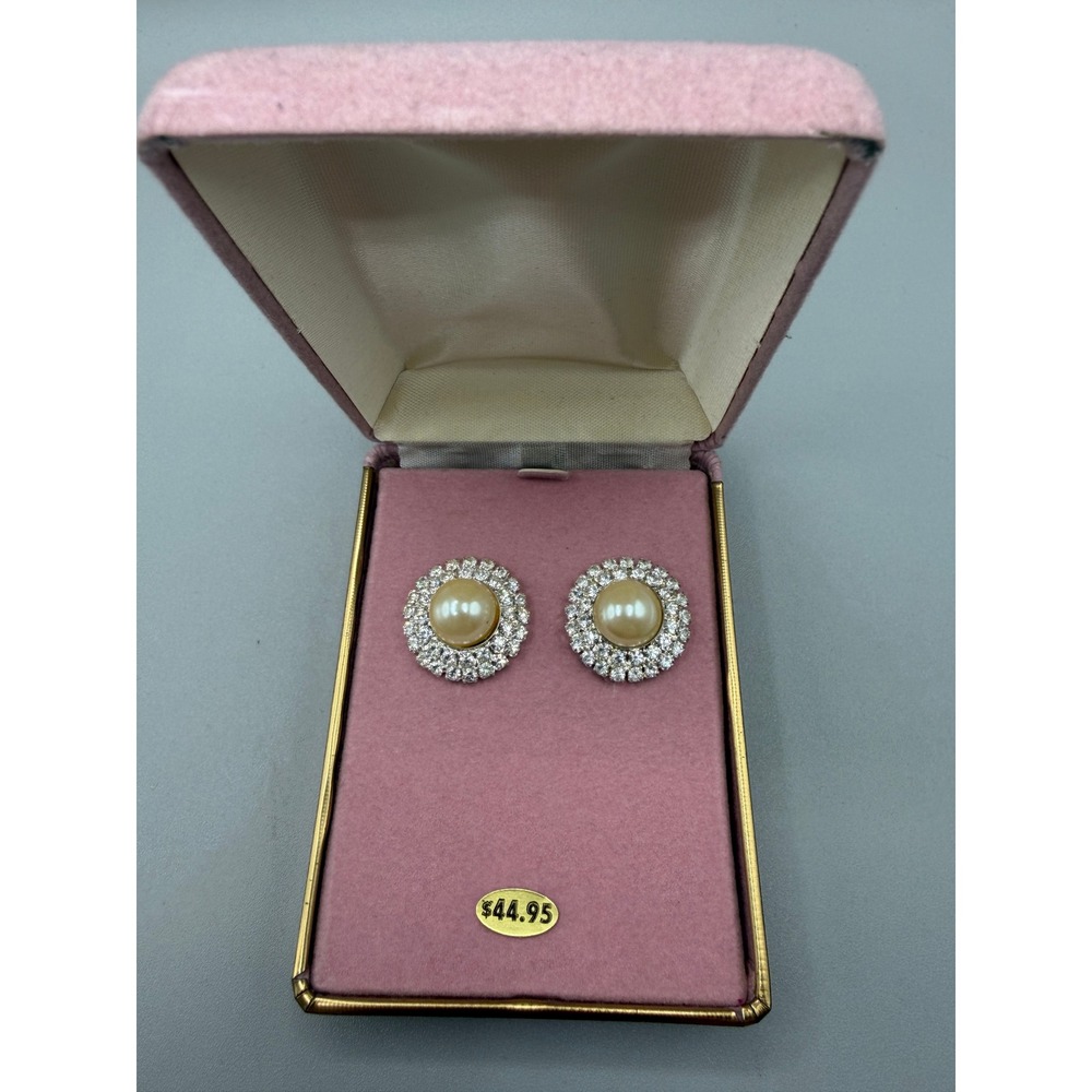 Vintage Faux Pearl Rhinestone Clip-On Earrings in Original Box  Halo Style #1091